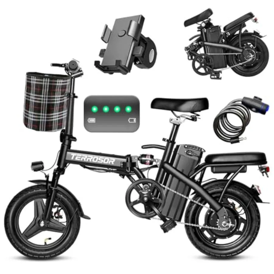 Commuter city folding e-bike for adults and teens: aluminum frame, black, 560W motor, 48V battery, 24mph, 3-level pedal assist,