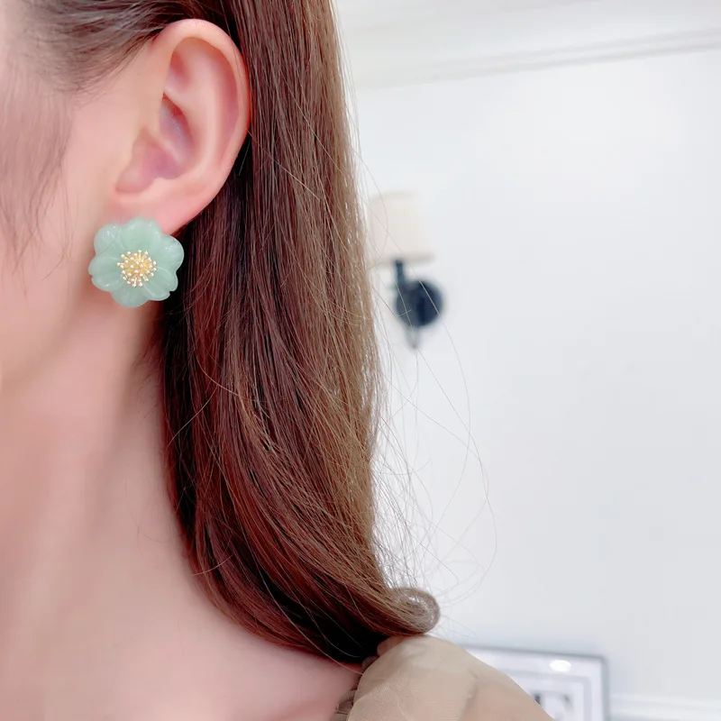 FXLRY Elegant s925 Silver Needle Sweet Imitation Jade Green Flower Earrings For Women Wedding Bridal Party Jewelry