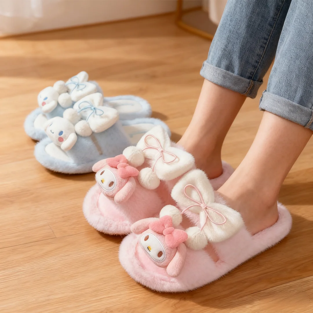 Zapatillas para niños de felpa de dibujos animados, zapatos planos de moda de otoño para niñas, zapatillas de casa antideslizantes cálidas de diseñador, color morado y rosa, talla 36-41