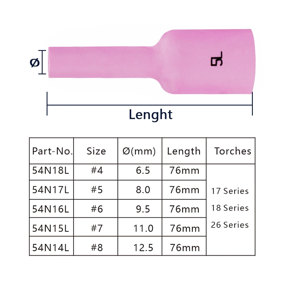 10PCS 76mm 54N14L 54N15L 54N16L 54N17L 54N18L TIG Nozzle Alumina 54N Extended Series For WP17/18/26 Welding Torch Accessories
