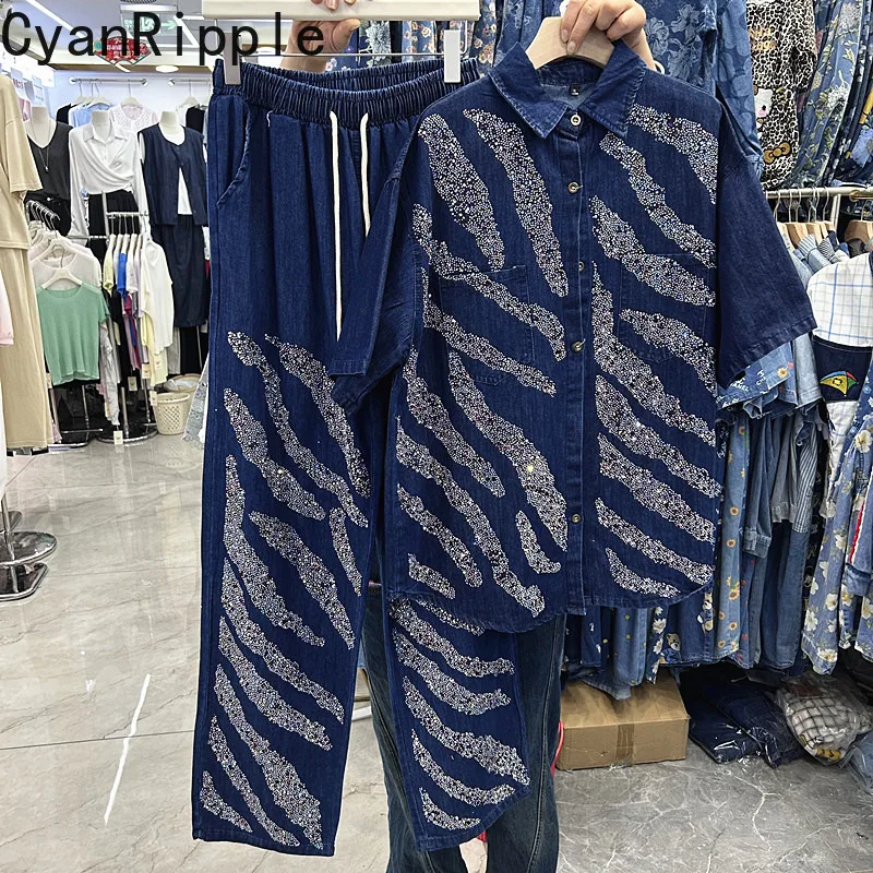 

Fashion Spring Summer Women Denim Sets Hot Diamonds Zebra Stripe Loose Short Sleeve Cardigans Shirt+Elastic Waist Straight Pants