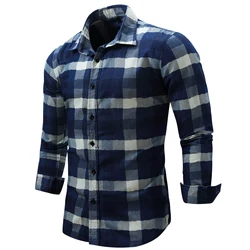 2023 New Fashion Men's Long Sleeve Plaid Cotton Denim Shirt Casual Business Button Down Vintage Office Dress Shirts Male Clothes