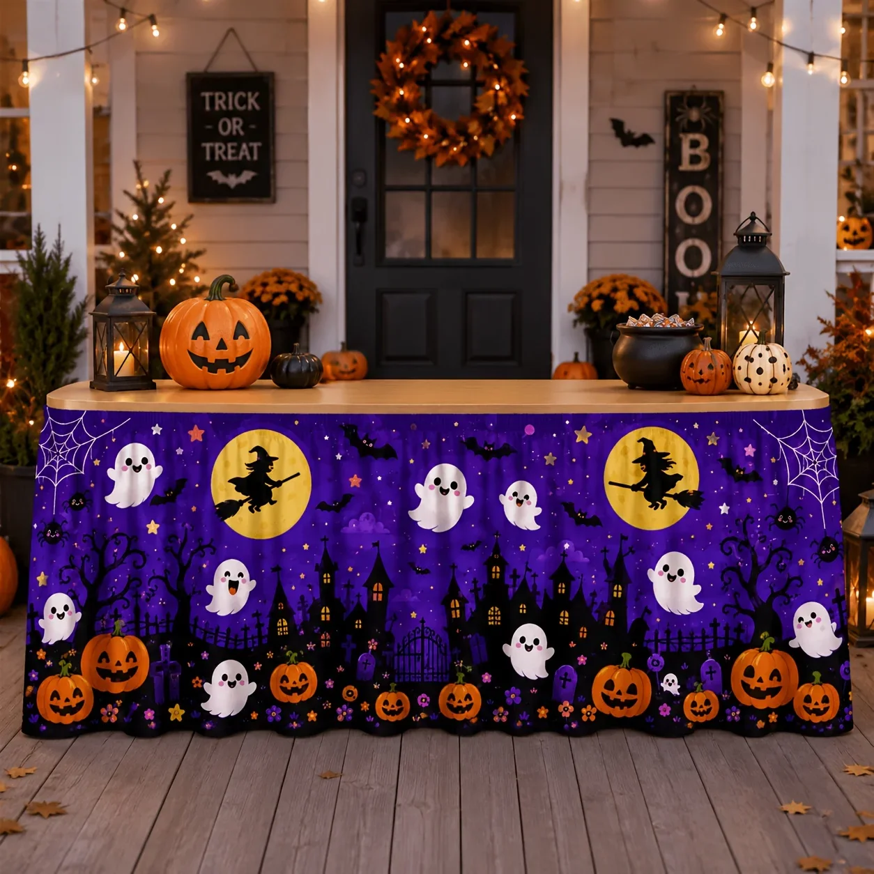 One tablecloth or table skirt. Cute purple night Halloween table skirt. Cartoon print. Children's Halloween party decoration.xzj