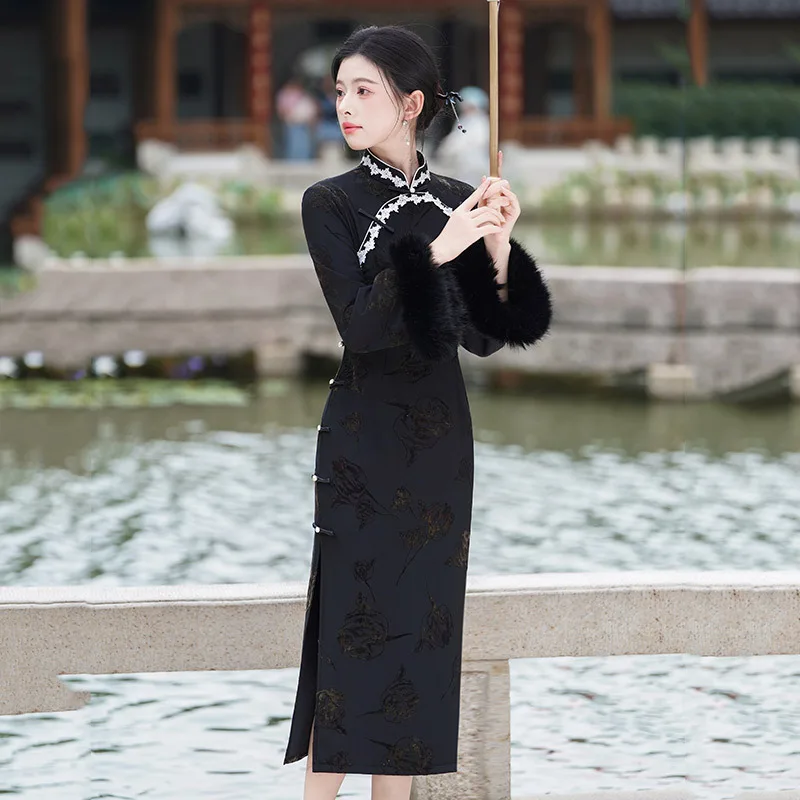 Preto grosso inverno estilo chinês manga longa cheongsam 2025 novo melhorado jovem feminino retro outono qipao vestido