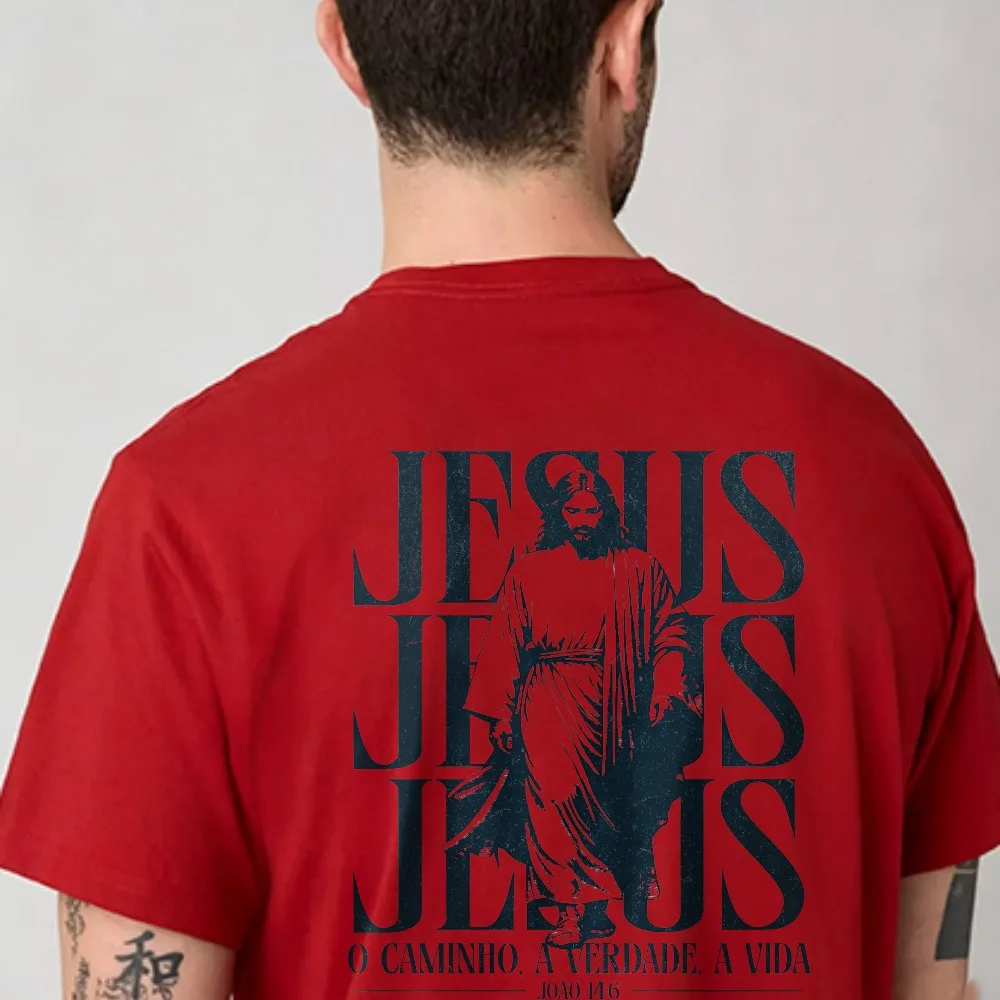 Triple Stack JESUS Letter Portuguese Slogan Back Print Crew Neck T Shirt Retro Washed Religious Short Sleeve Cotton Streetwear