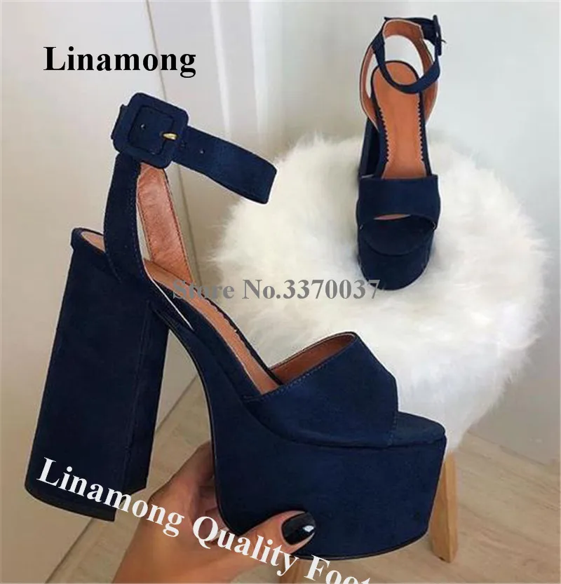 

Blue Suede Chunky Heel Sandals Linamong Newest Peep Toe High Platform Thick Block Heel Dress Shoes Club Dress Heels Big Size