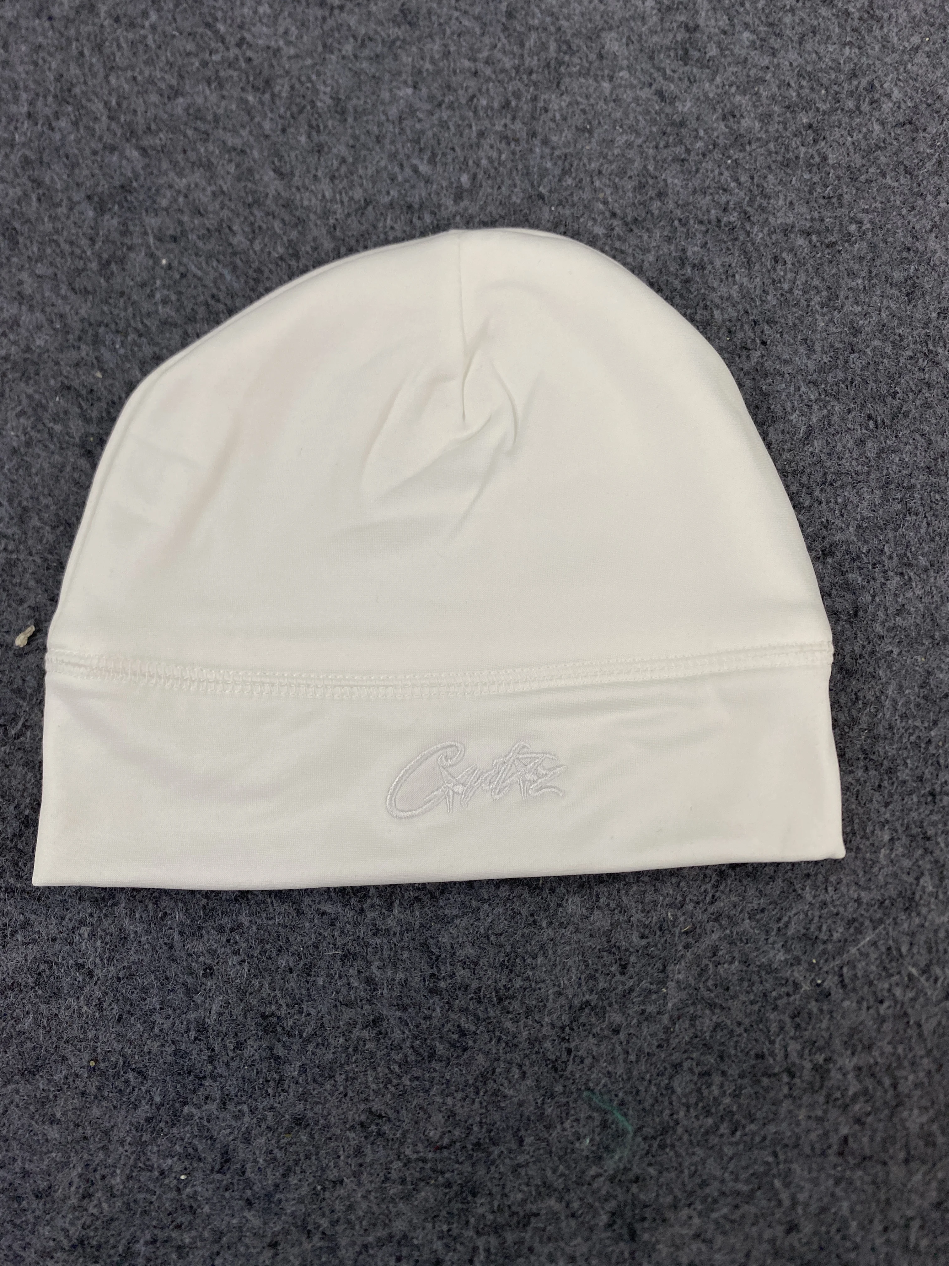 White Cuffed Beanie With Tone-On-Tone Script Letter Embroidery Thin Stretch Knit Skull Cap Streetwear Unisex Liner Hat One Size