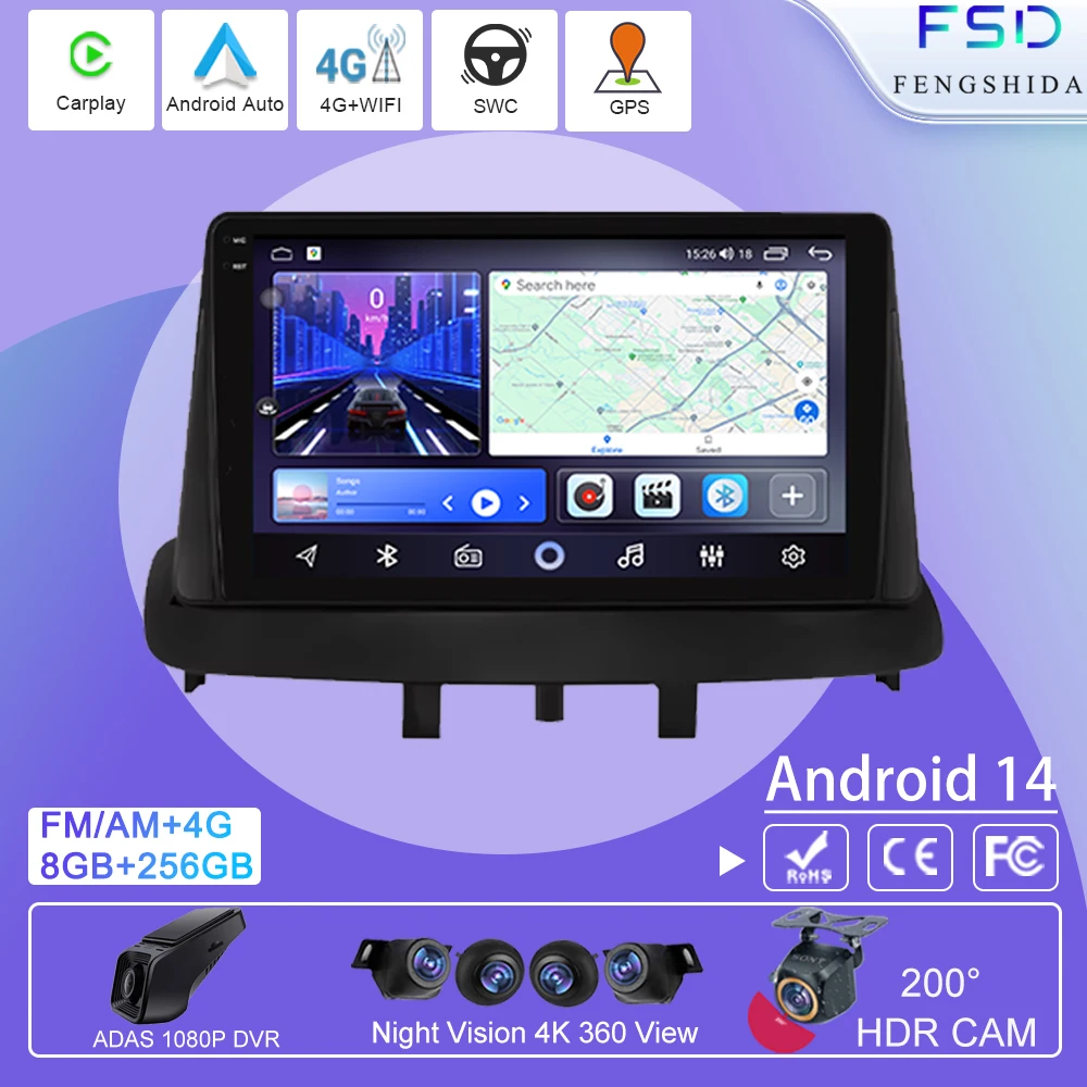 

9 Iinch Car Radio Multimedia Video Carplay For Renault Megane 3 2008-2014 Android Auto Player Stereo 4G WIFI BT GPS Navigation