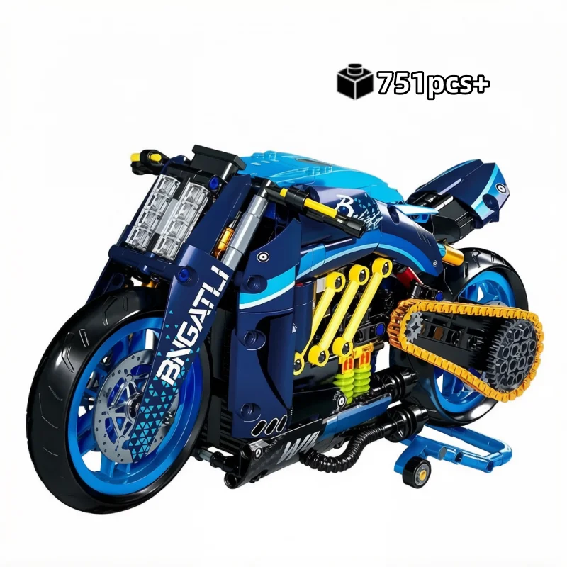 751-teiliges Technisches MOC Blaues Motorrad-Modell Kreatives Baustein-Set Montage-Spielzeug Lehrreiches Geschenk für Kinder Jungen Mädchen