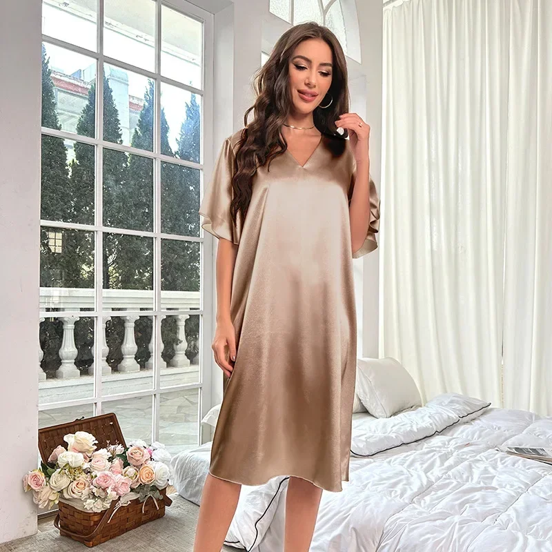 Chemise de nuit sexy en satin à manches courtes et col en V pour femmes, vêtements de nuit pour femmes, vêtements de nuit pour la maison, printemps, été, nouveau