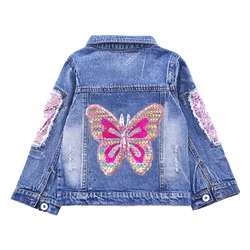 Spring Autumn 3-10Years  Girls Embroider Butterfly Jacket Kids Children Sequin Denim Coat Washed Casual Wear