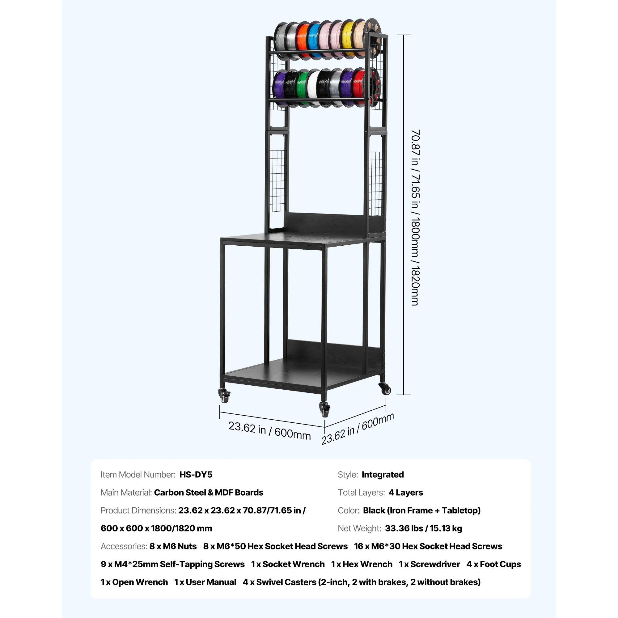 SucceBuy 4-Tier 3D Printer Filament Opbergrek met Wielen Printer Stand Spoelen Houder Winkelwagen voor 3D Printing Station kantoor