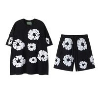 DENIM TEARS Hot Selling European and American Trendy Hip Hop Cotton Flower Printed Short Sleeve Set High Street Loose Sportswear