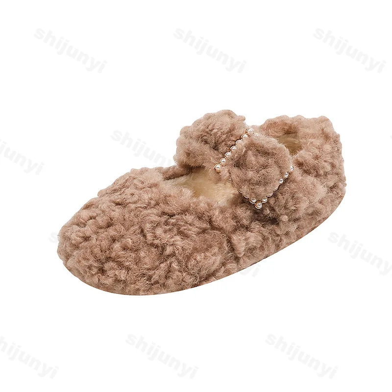 Moda Rhinestone Buckle Flats 2024 Winter New Children Fur Cover Toe Light Warm Kids Casual Shoe Plush Non-slip Mary Jane Shoe