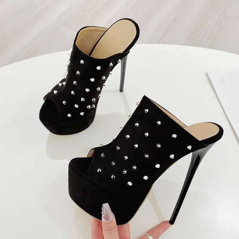 Liyke Runway Women Sexy 16CM Stiletto Slippers Metal Rivets Design Sandal Summer Platform High Heels Party Stripper Shoes Black