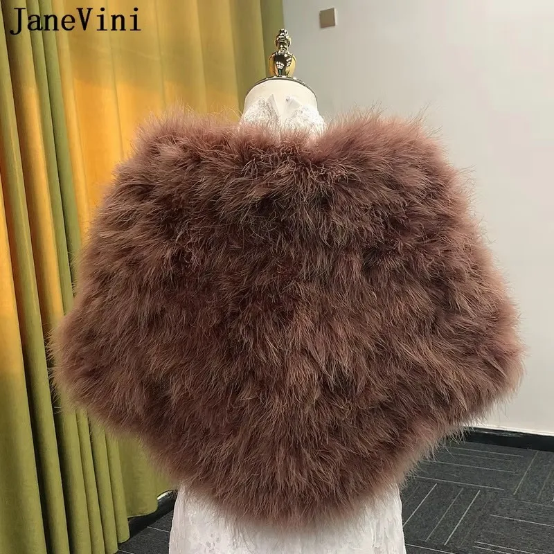 

JaneVini Luxury Coffee Real Ostrich Feathers Bridal Cape Mariage Women Bolero Evening Party Fur Wrap Shawl Dress Shrugs Winter