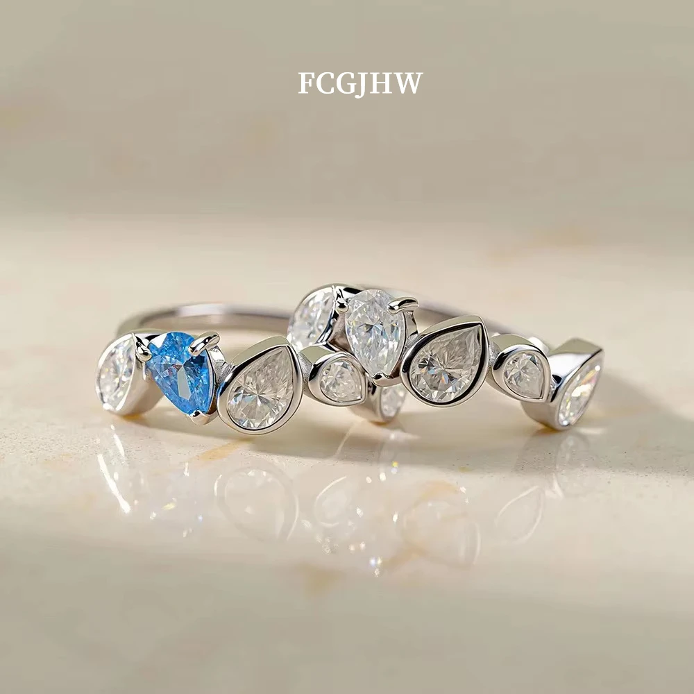 FCGJHW Bezel Set 5-Stone Moissanite Ring S925 Sterling Silver for Women WaterDrop Pear Diamond Half Eternity Band Jewelry 2026