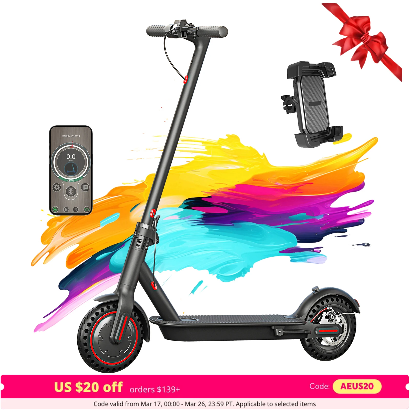 Black 350W Electric Scooter with Phone Holder for Adults Teens,36V 10.4Ah Battery,Floding Portable Commuter E-Scooter