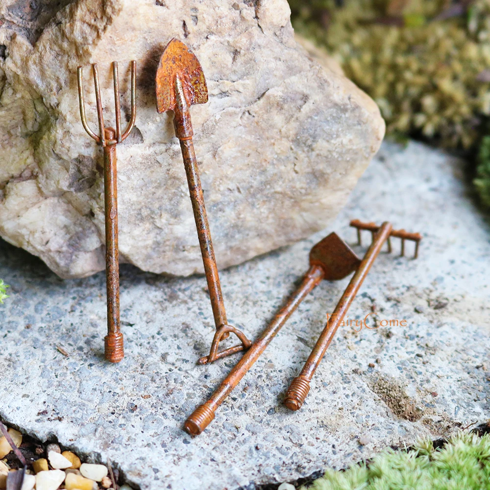 Miniature Fairy Garden Tool Set Metal Rusty Vintage Mini Shovel Rake Spade Garden Ornaments Decoration Accessories