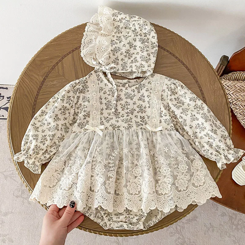 

2024 New Spring Toddler Baby Girl Romper+Hat Long Sleeved Cotton Print Lace Splicing Newborn Baby Jumpsuit Children Clothes