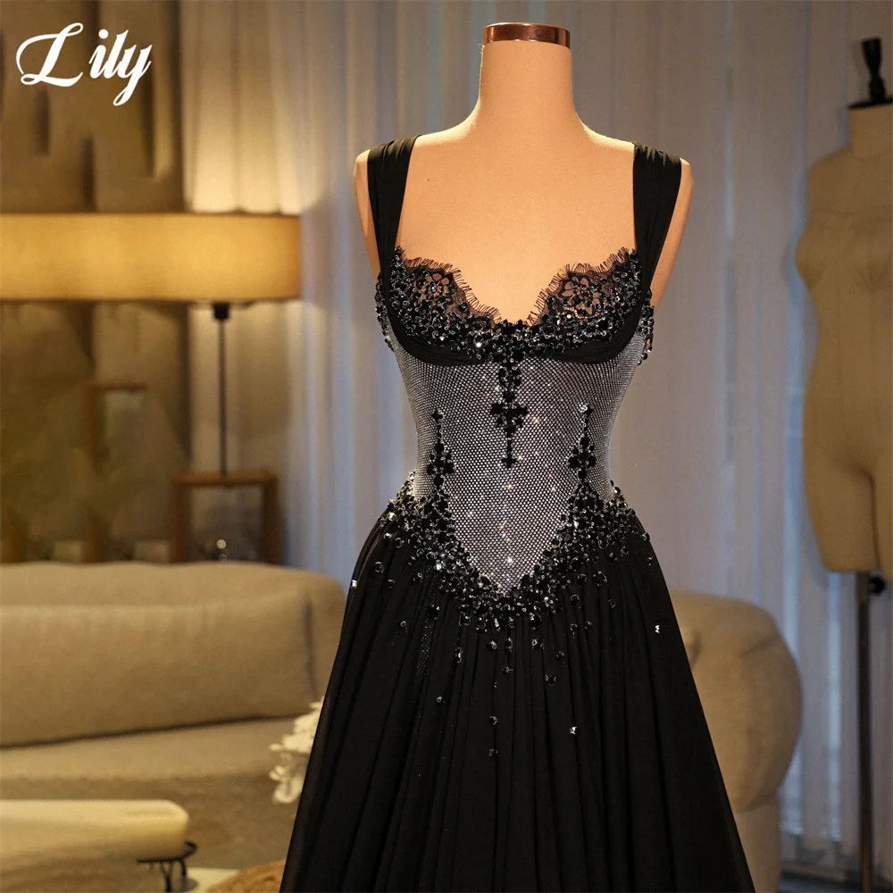 Lily Black Evening Dress Lace Rhinestone Corset Prom Dress Wide Strap Sparkle Party Formal Gown robe de bal for Woman Customized