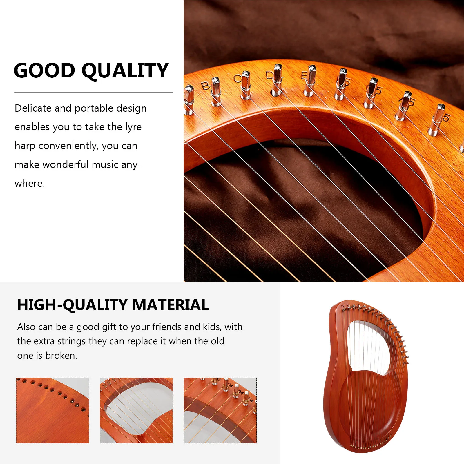 

19 Wood Lyre Harp Portable Handheld Musical Instrument For Adults Solid Wood 19 String Harp With Tuning Wrench Retro String