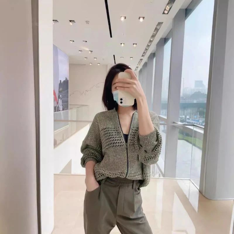 

Women 2024 Early Autumn Hollow Linen Blended Fancy Yarn Fine Sequins Exquisite Casual and Versatile Cardigan