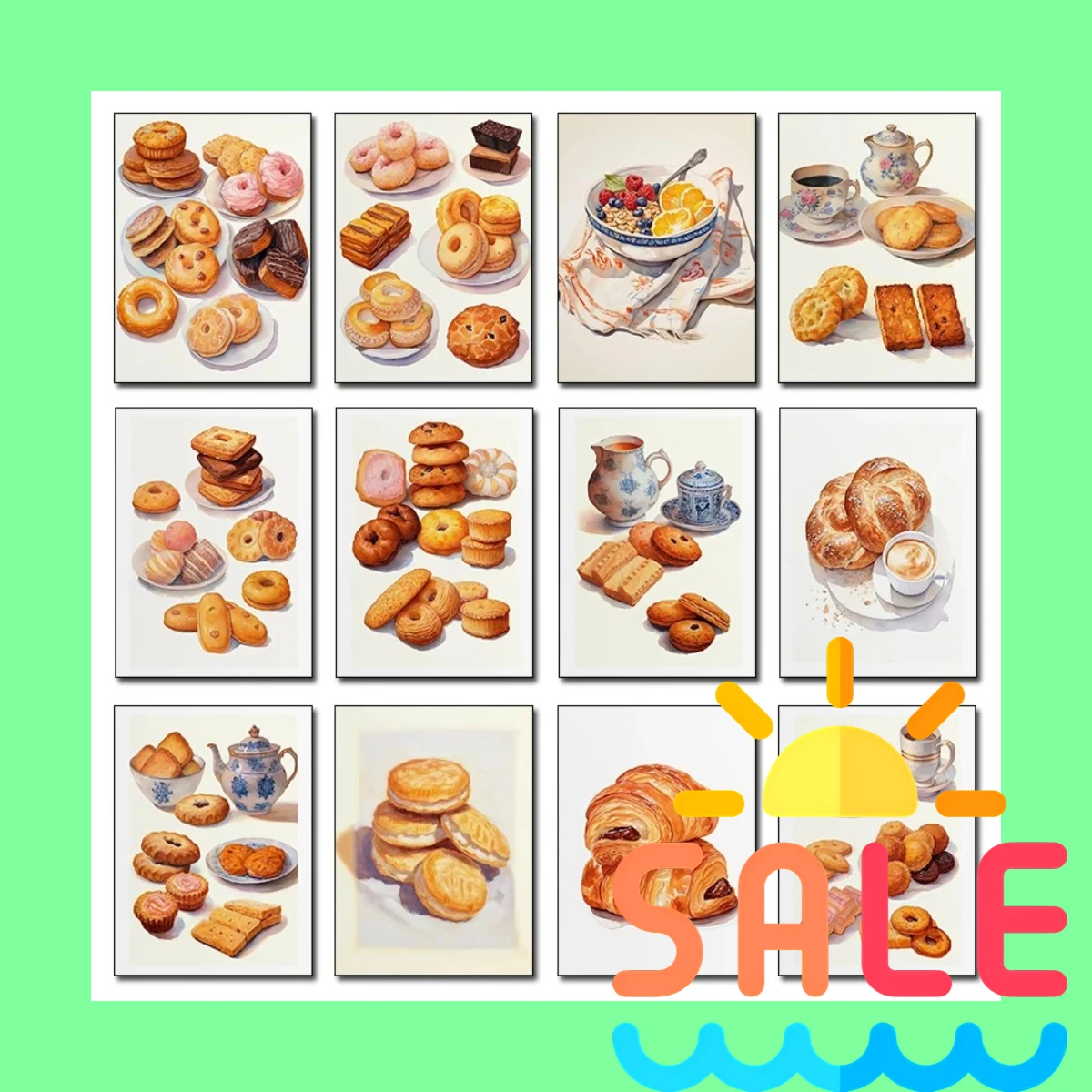 Butter, Flour & Love – Watercolor Biscuits Cookies Coffee Cereal Bread French Pastry Frameless Canvas for Kitchen Wall 