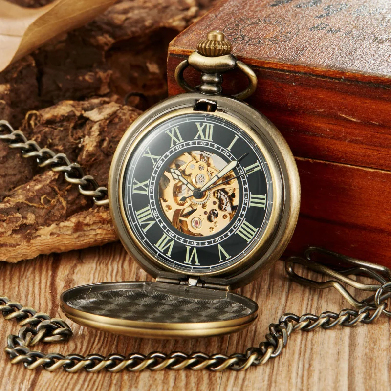 Retro Bronze Large Pocket Watch Glossy Luminous Roman Literal Semi-automatic Mechanical Pocket Watch Men and Women Pocket