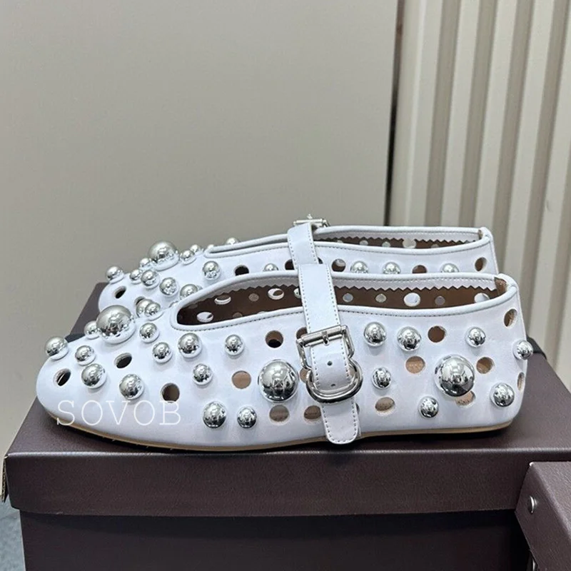 Spring Autumn Genuine Leather Shallow Mouth Metal Bead Decorative Flat Shoes Women's Belt Buckle Breathable Ballet Dance Shoes