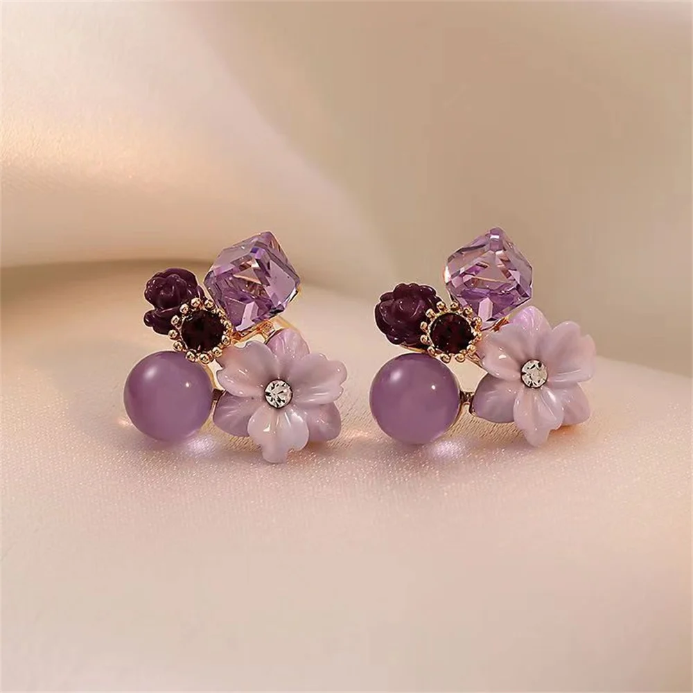 Exquisite Crystal Purple Flower Zircon Stud Earrings For Women Light Luxury Romantic Pearl Earrings Wedding Party Sweet Jewelry