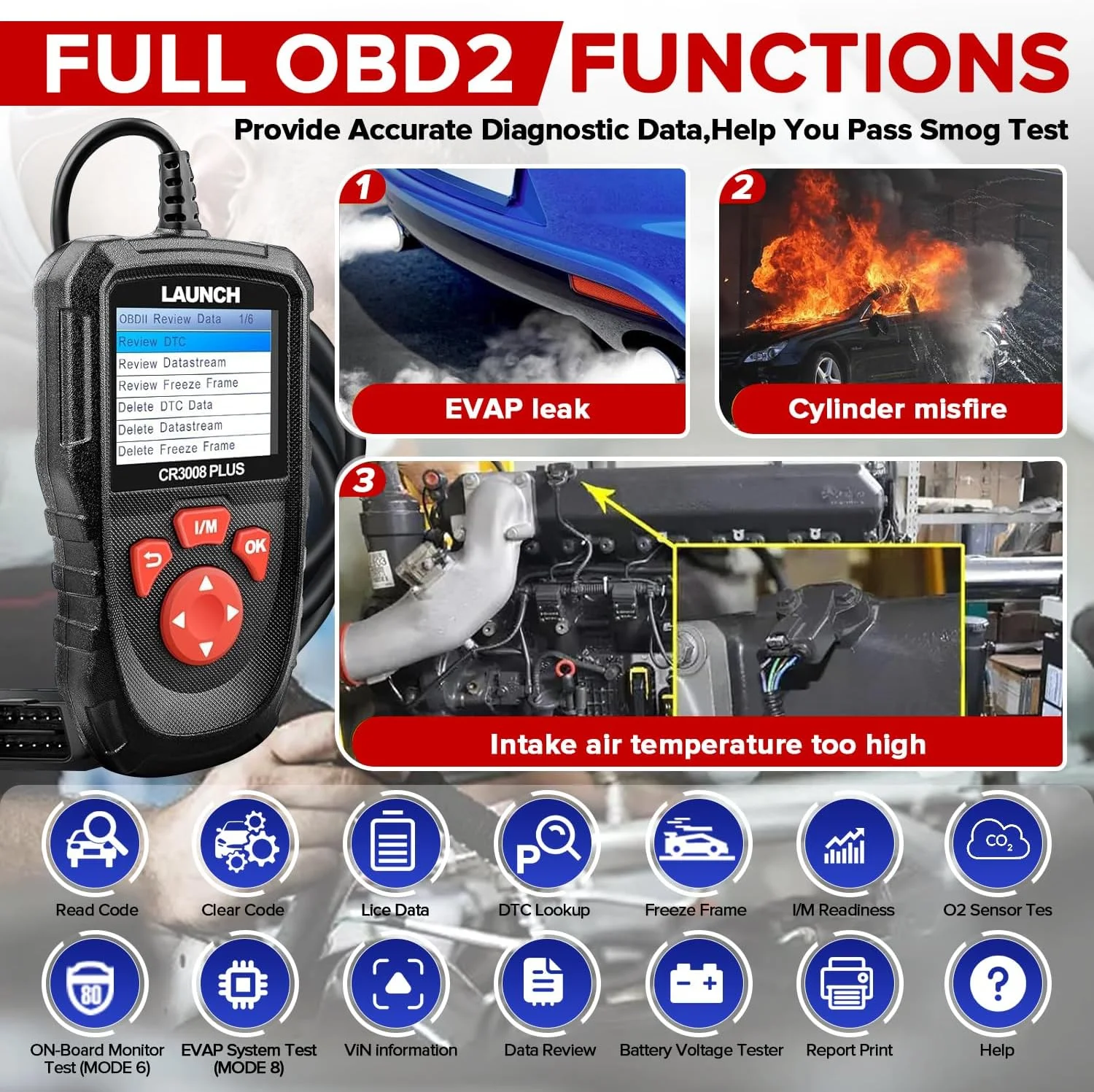 LAUNCH X431 CR3008 Plus Full OBD2 EOBD Scanner Engine Battery Diagnostic Tool Auto Code Reader MIL DTC Lookup I/M Readiness