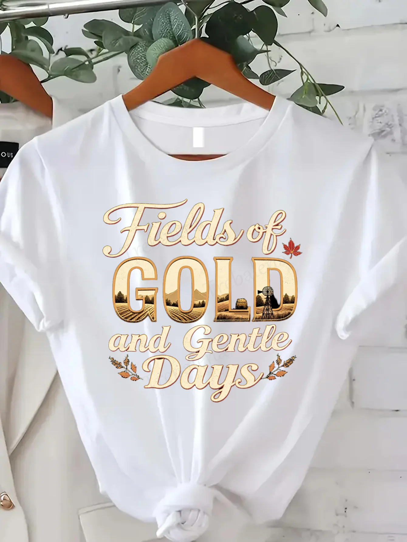 

Comfortable Women's Print T-shirt Fields of Gold & Gentle Days Autumn Farm Windmill T-Shirt