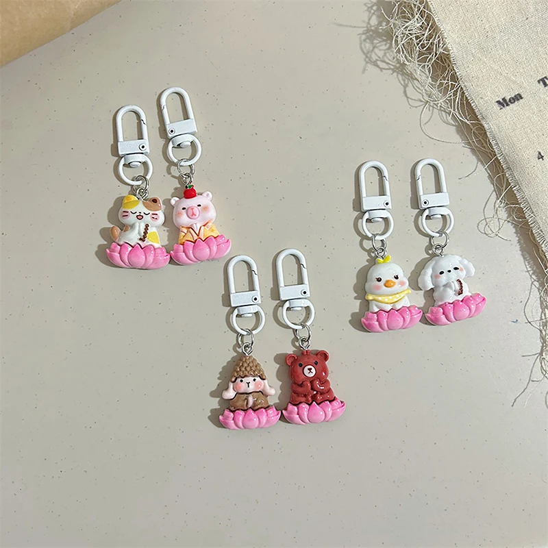 Cartoon Animal Lotus Keychain Cute Girly Keyring Car Key Chain Lovely School Bag Pendant Backpack Hanging Decoration Gifts