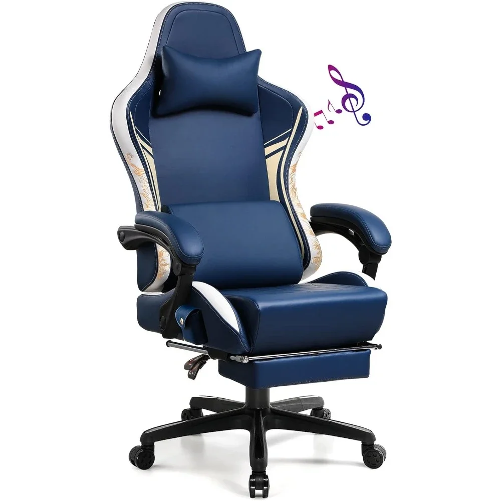 

Game chair with Bluetooth speaker and footstool, heavy-duty office chair (Blue) GM