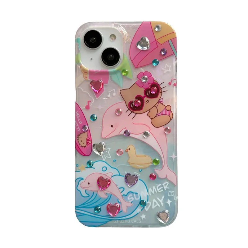 Hello Kitty Sanrio Sunglasses Pink dolphin rhinestone Phone Case For iPhone 15 14 13 12 11 Pro Max case cute cartoon Sweet Cover