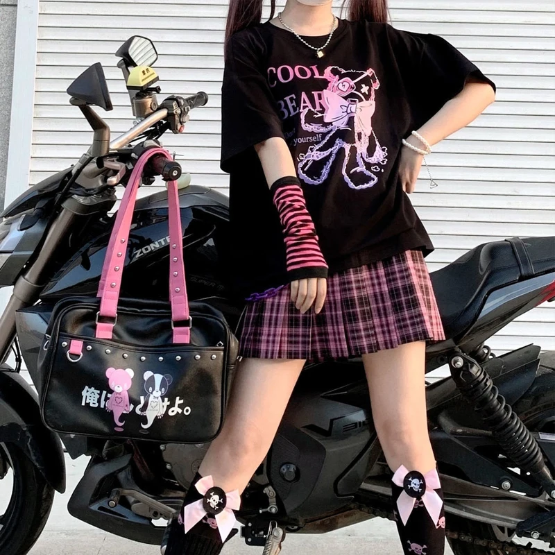 2022 Summer T-shirts Women Anime Cartoon Black Gothic T Shirt Female Japanese Streetwear Harajuku Kawaii Casual Loose Punk Tops