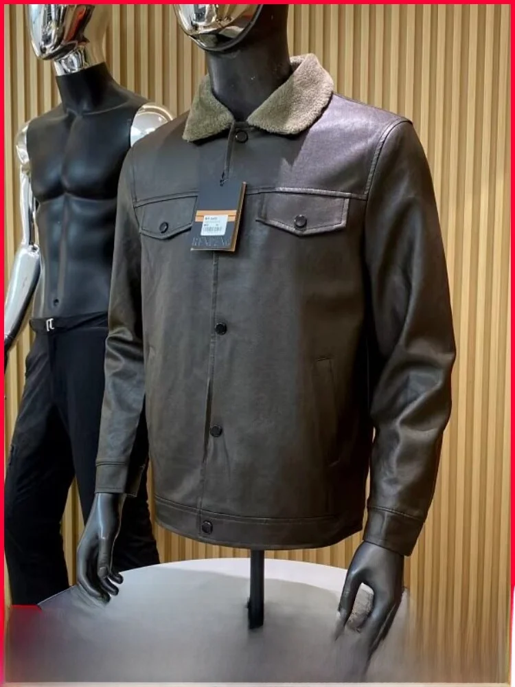 

Thiened Fce Lined Biker Jaet Casual Collar Men's Leather Coat Warm Youthful Sle Stand Fit Long Sve Winter Oute...