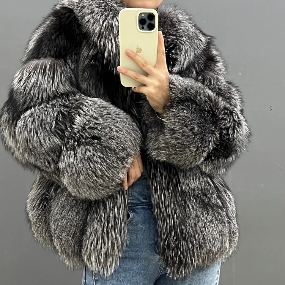 Silver Fox Fur Women's Luxury Natural Fox Fur Jacket Long Turn