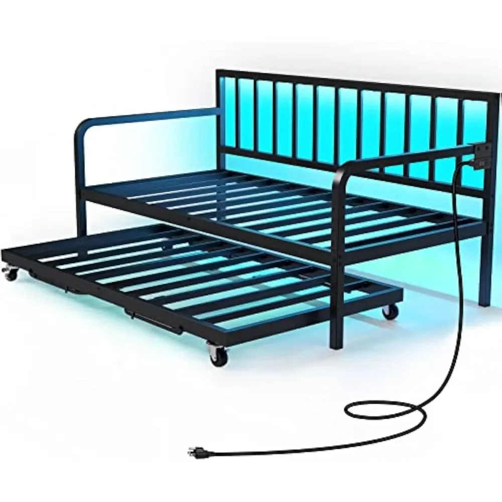 with Charging Station and LED Lights, Height Adjustable Twin Daybed with Trundle, Metal Sofa Bed Frame with Steel Slat Support