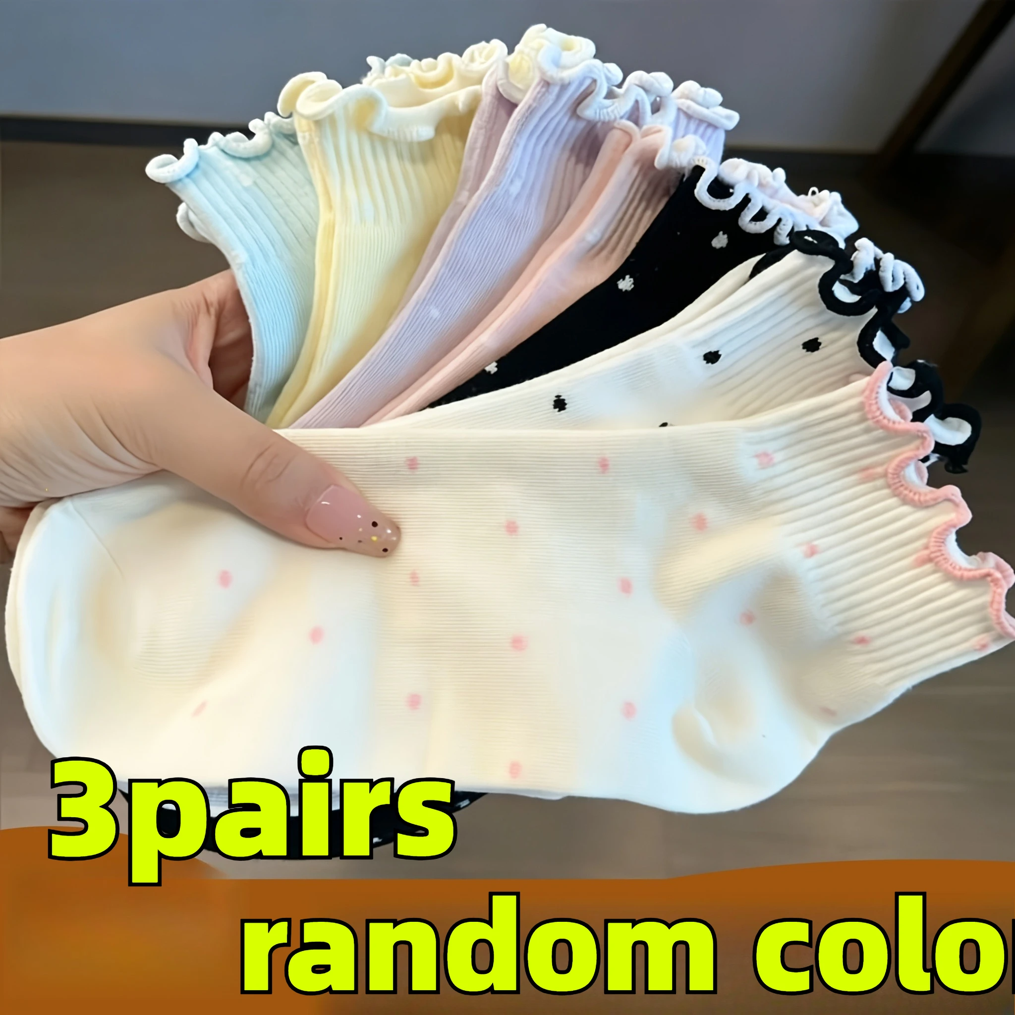 3 Pairs Random Color Ruffled Polka Dot Mid‑Calf Cotton Socks Macaron Light Tone Soft Breathable Autumn Winter Casual Home Studen