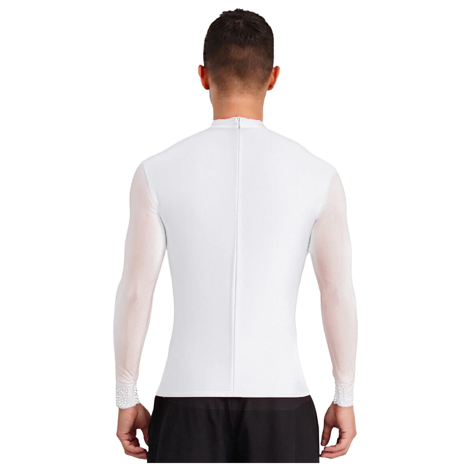 남성용 반짝이는 라틴 댄스 셔츠 시스루 메쉬 긴팔 티셔츠 블라우스 (볼룸, 삼바, 탱고, 차차 무대 공연용)