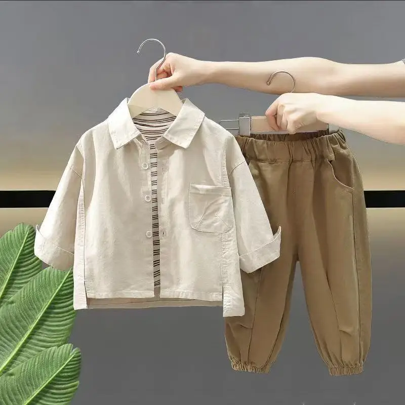 

Boys' Spring and Autumn Set 2025 New Handsome Children's Shirt+Pants Two Piece Set Baby Korean Edition Trend