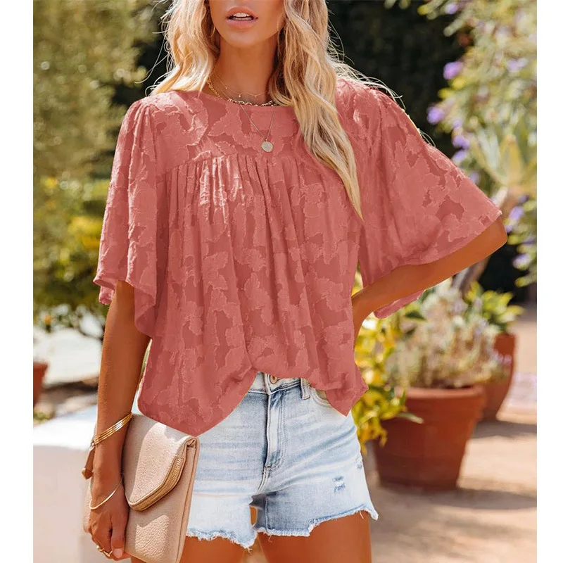 2022 Summer New Loose Shirt Women's Trumpet Sleeve Doll Lace Shirt Sweet Hollow Chiffon Blouse Women Pullover 18975