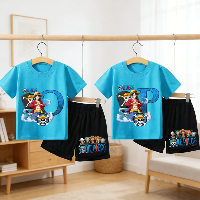 

One Piece Boy Girl T-shirt Set Cartoon Tees Anime Letter Print Children Cotton Short Sleeves Shorts 2pcs Set Kids Summer Clothes