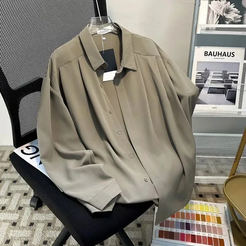 Long-sleeved Thin Shirt for Men Solid Color Drape Light Mature Style Loose Casual Trendy Lapel