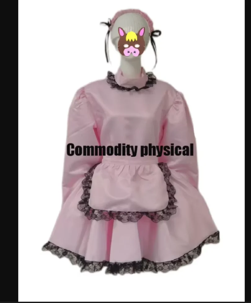 

Sissy Lovely Maid Satin Pink Lockable LACE APRON Dress Role Play Costume Customization