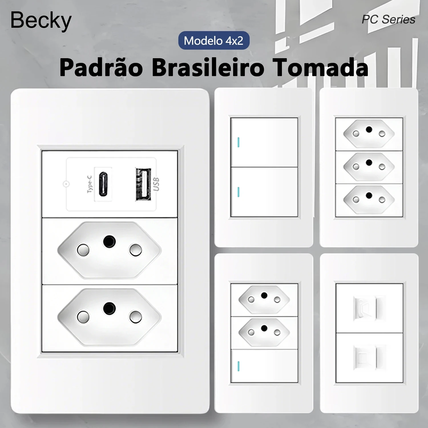 Tomada Interruptor Painel PC Branco 4x2 10A 20A USB Tipo C Espelho Embutir na Parede Conjunto para Casa Escritório Hotel Vila