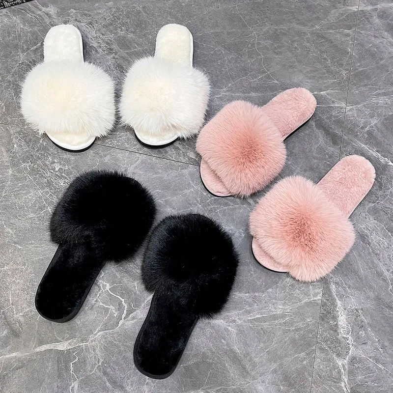 New Woman Slippers Winter Simple Word Fur Flats Soft Home Women Slippers Faux Fur Warm Bedroom Leisure Female Shoes