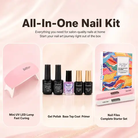 Kit de manucure en gel Ovanlee 8 pièces avec lampe LED portable – Ensemble de vernis UV à séchage rapide, comprenant base, top coat et bonder, limes à double grain, cadeau idéal pour les débutants (boîte colorée incluse)